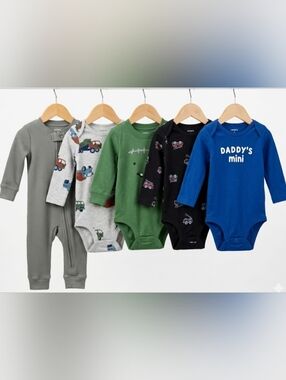 Carter's 7 One-Piece Bodysuits — 9M 12M 18M — Vehicles, Graphic Prints